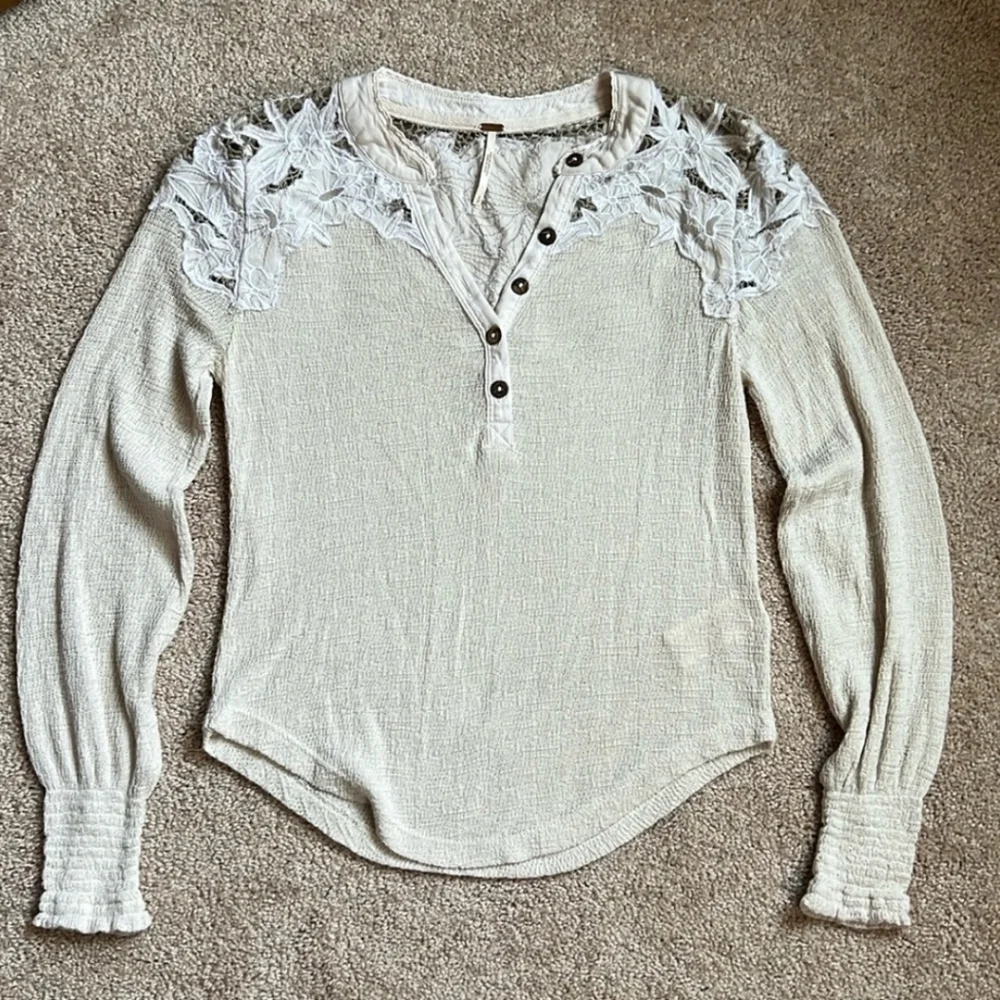 Free People Long Sleeve Henley With Floral Shoulder and Back Embroidered Desigon